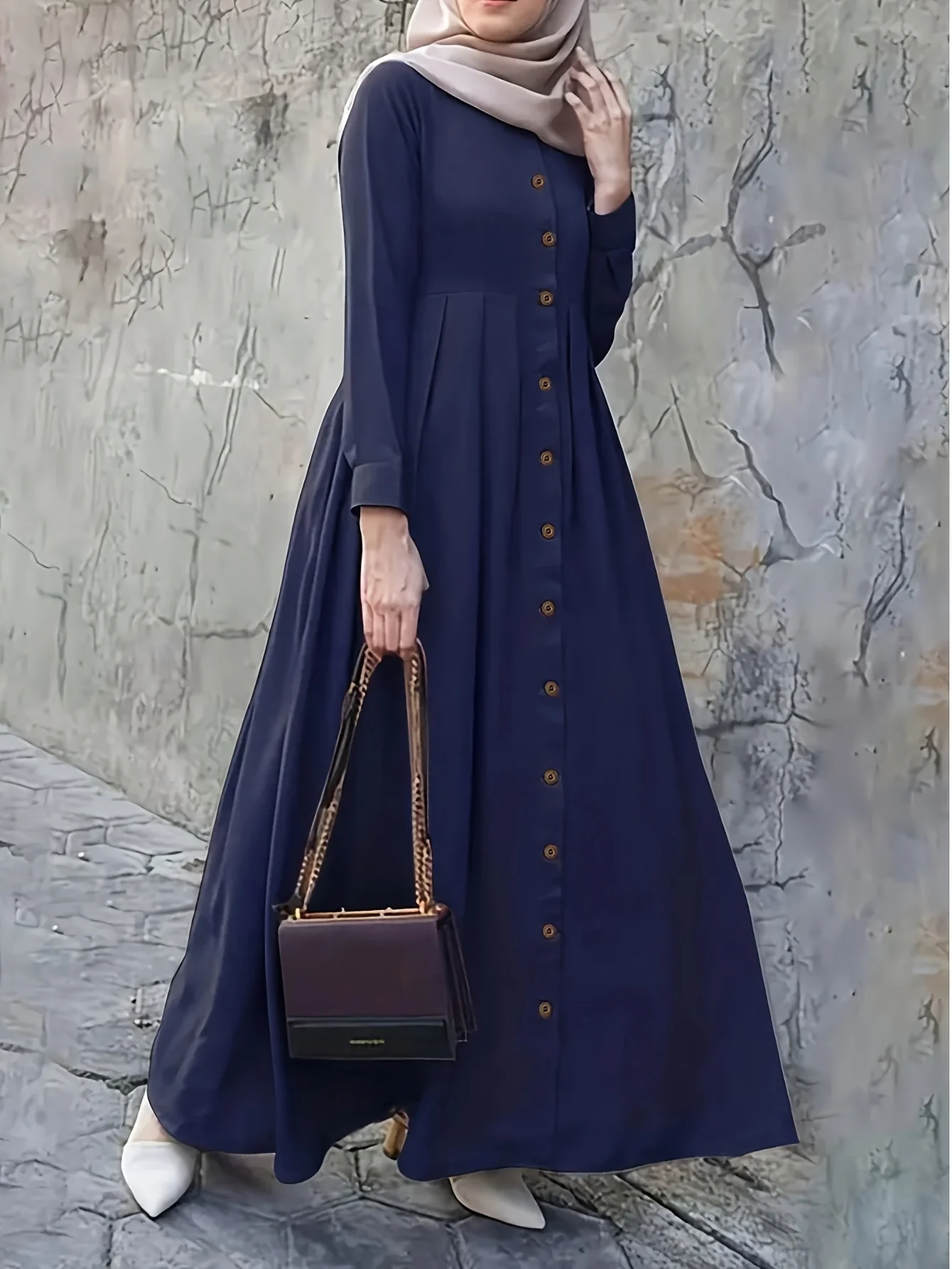 Lässiges, Elegantes und Modisches Einreihiges Einfarbiges Kleid mit Rundhalsausschnitt und Langen Ärmeln, Langer Rock, Damenkleidung