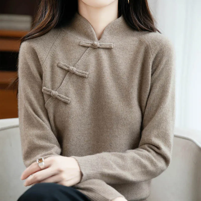 المرأة الجديدة 100% ميرينو رداء علوي من الصوف النمط الصيني متماسكة البلوز عالية طوق الخريف الشتاء الكشمير ملابس مريحة