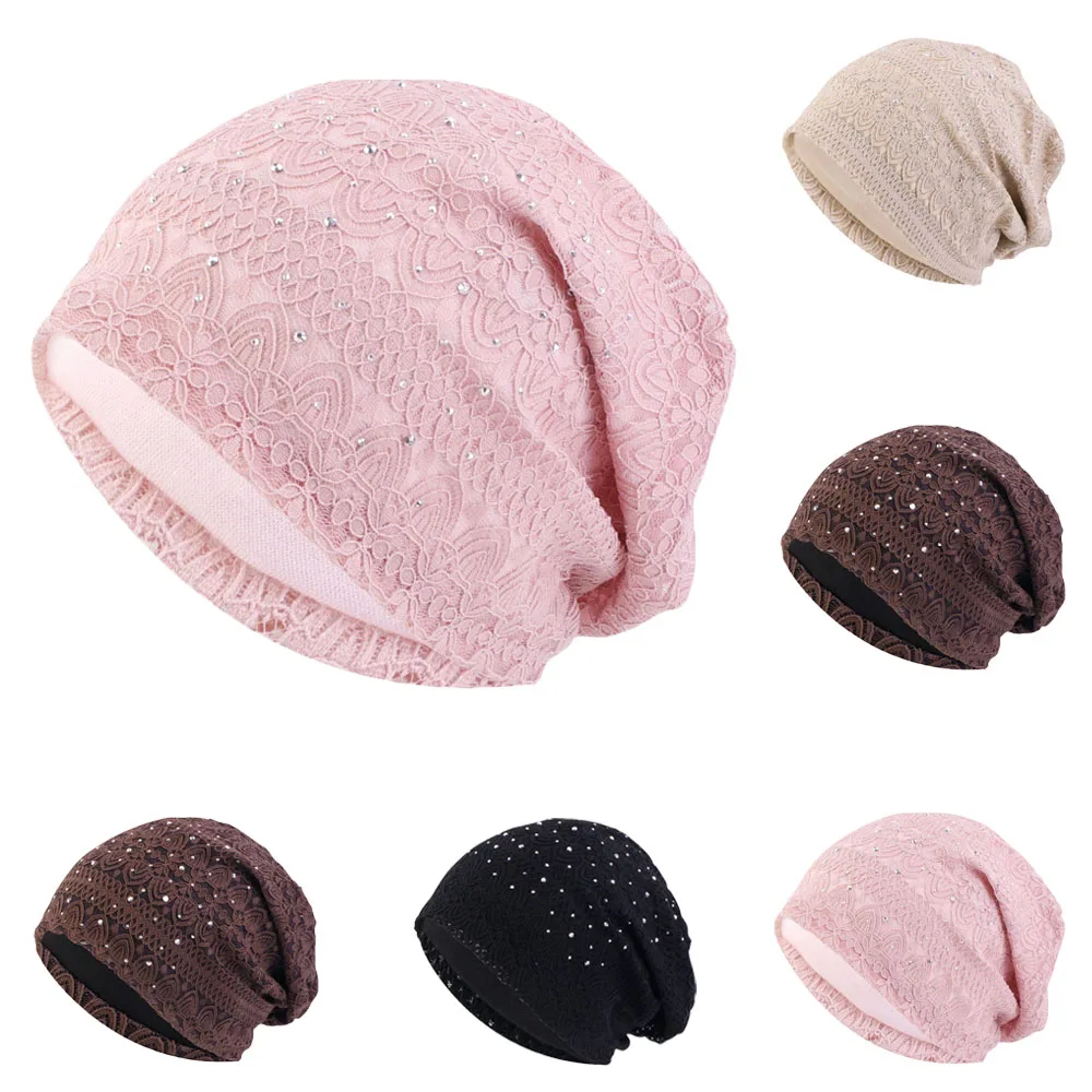 Mulheres elástico turbante muçulmano rendas strass hijab islam sono noite caps quimio pulôver chapéu senhoras cachecol headwrap baggy beanies