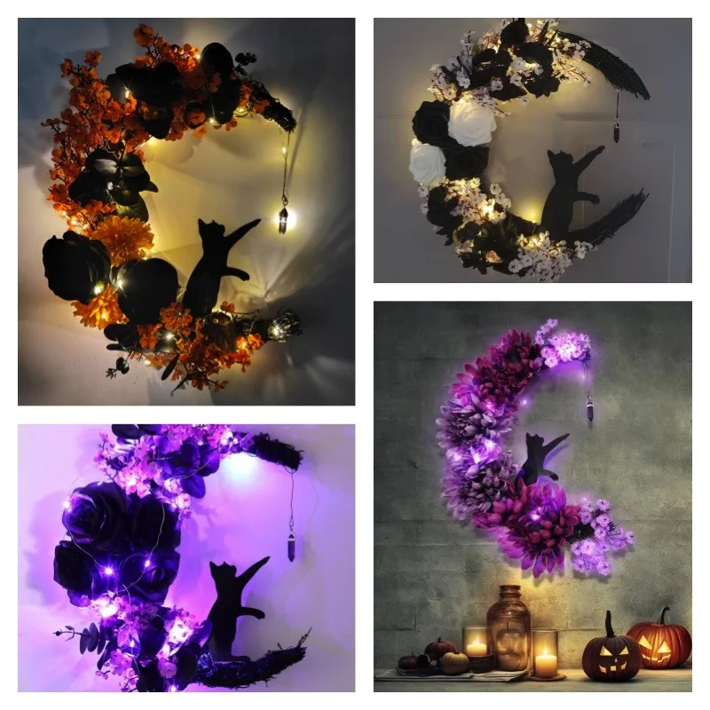 Gothic Wreath Decoration Handmade Artificial Moon Cat Garland Durable Halloween Door Hanging Decor for Indoor Outdoor Home Decor