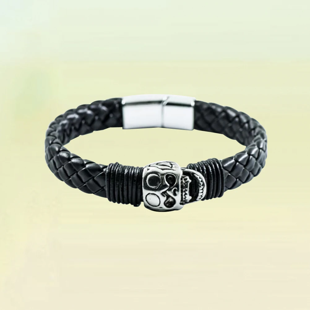 

Fashion Stainless Steel Skull Bracelet for Men Magnetic Clasp Knitted Cuff Bangle Black Mens Accessories Unique Spooky Design
