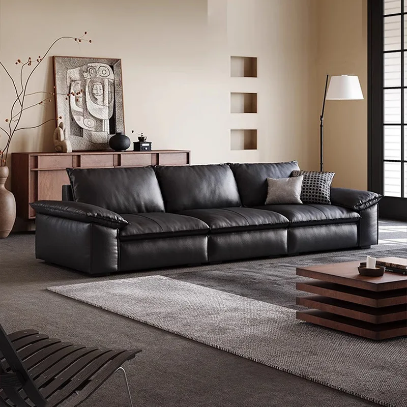 Leather sofa black living room small apartment modern simple first-layer cowhide sofa straight row
