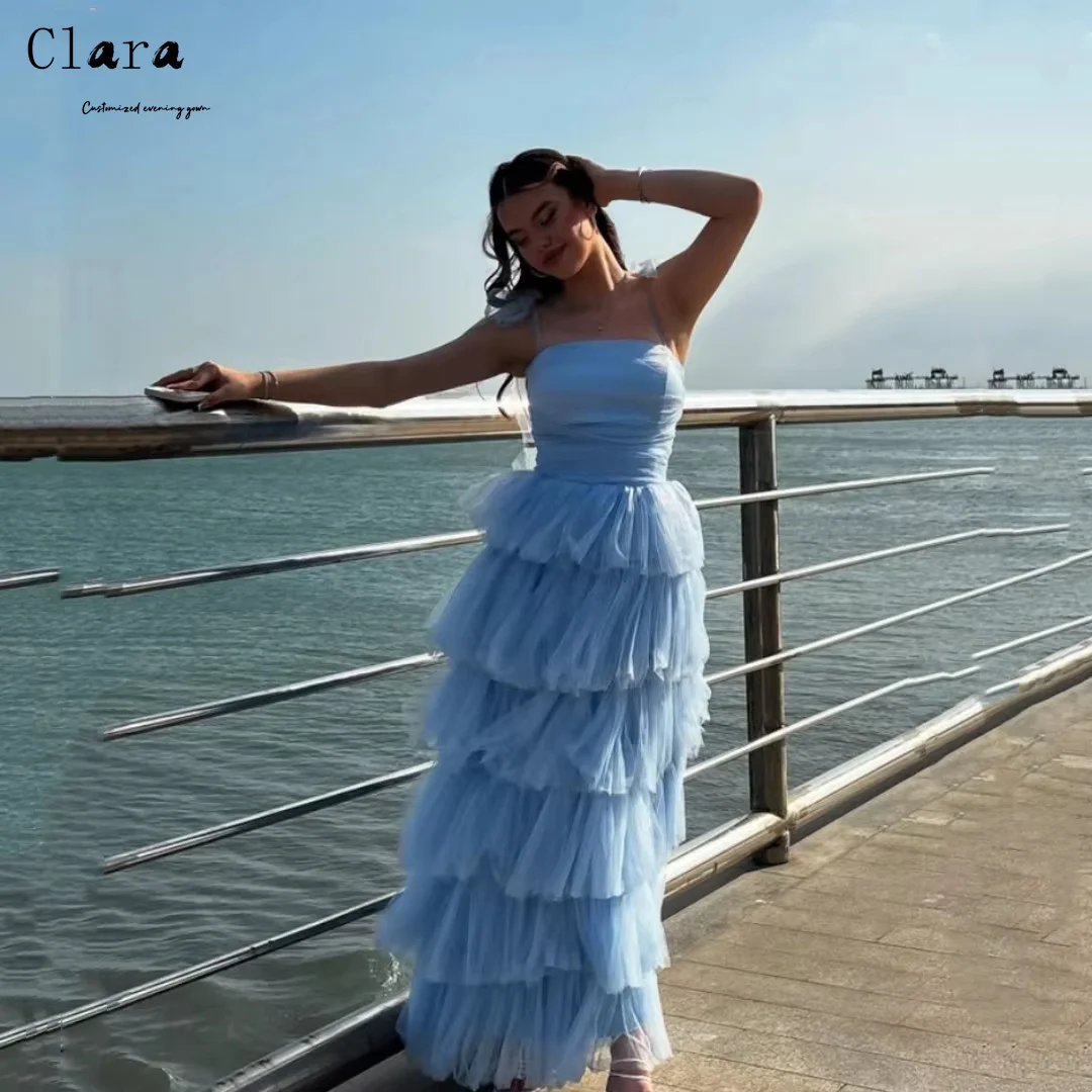 Clara Custom mehrschichtige Schulter-Spaghettiträger, blau, elegante Damenkleider für Hochzeit, Party, langes Ballkleid, Abend 2025,