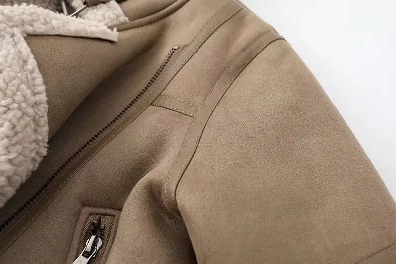 

New Style Integrated Leather And Fur Outerwear Women's Faux Suede Lamb Fur Lined Biker Jacket Coat Warmth Autumn Winter