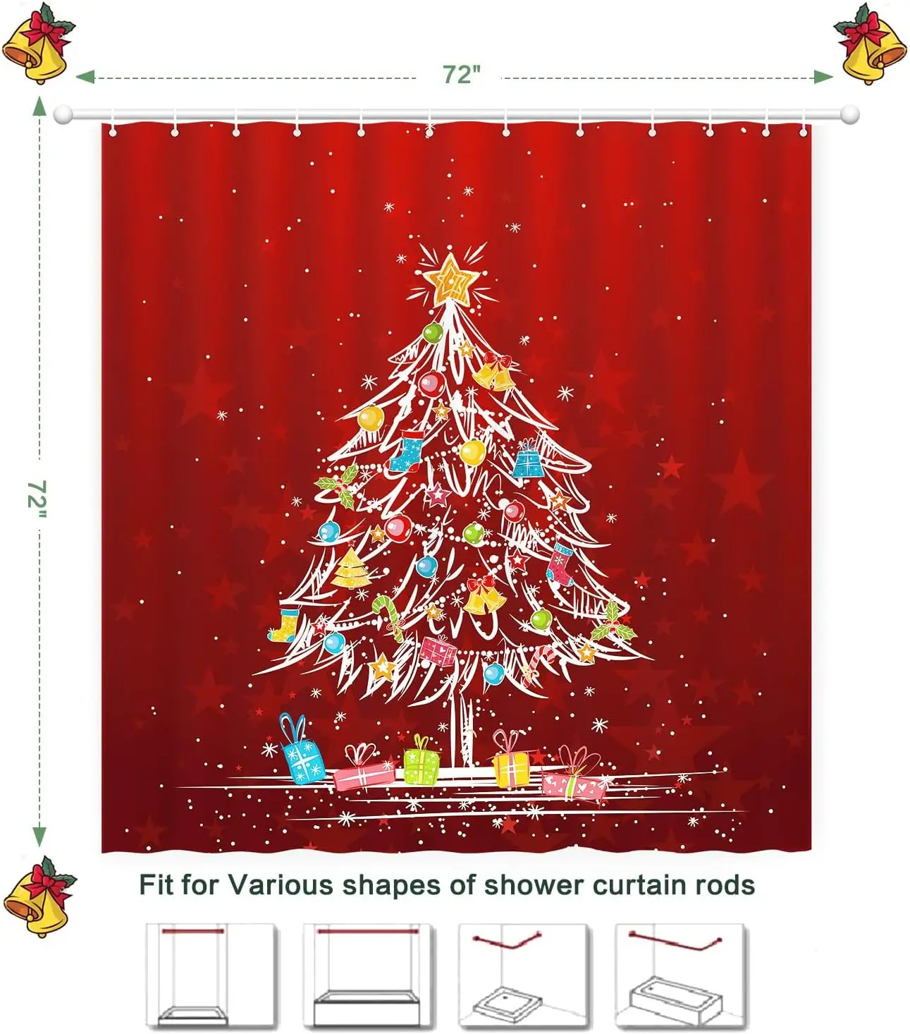 

Занавеска для душа Рождественская, праздничная занавеска для душа Красная рождественская елка Конфеты Трость Чулок Цзинчатые колокольчики Лампа Зимняя занавеска для душа