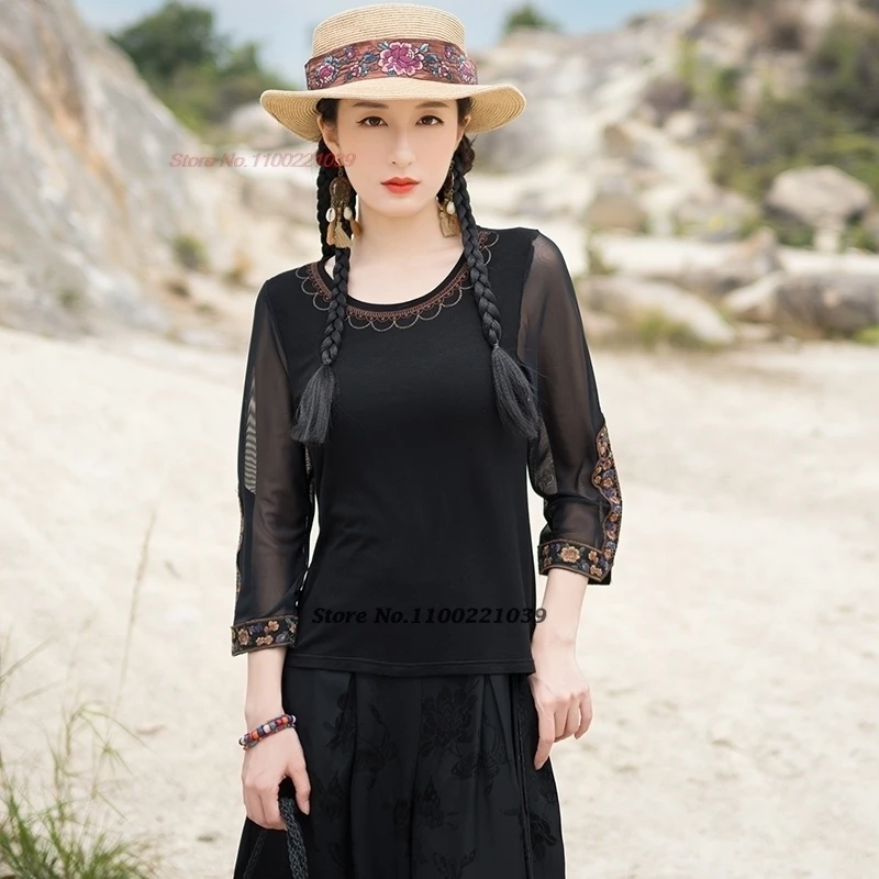 

2026 national flower embroidery o-neck folk shirt traditional vintage shirt hanfu tops mesh sleeve base shirt ethnic streetwear