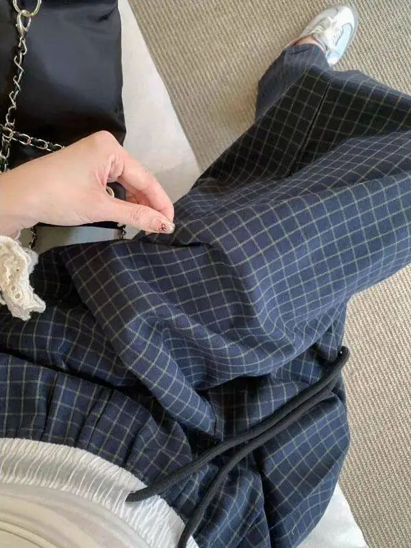 

plus Size 300 Pounds Plaid High Waist Wide Leg Casual Pants Women Summer Slimming Trousers Comfortable Loose Fit Straight Cut