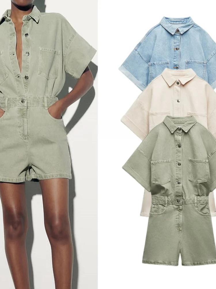 Z New Women's Retro Hong Kong Sle High Waist Cargo Denim Jumpsuit ort Sve with Cuffed Hem Workwear Faion Summer orts