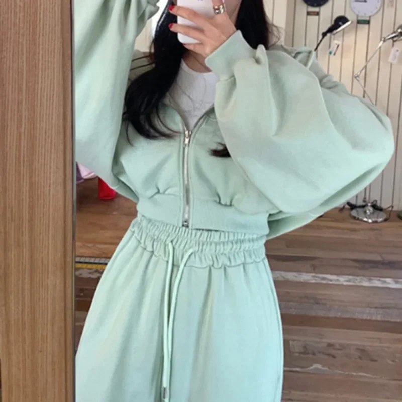 Chic Fall Niche Temperament Hooded Long-sleeved Short Sweater High-waisted Tie Peplum Wide-legged Casual Pants