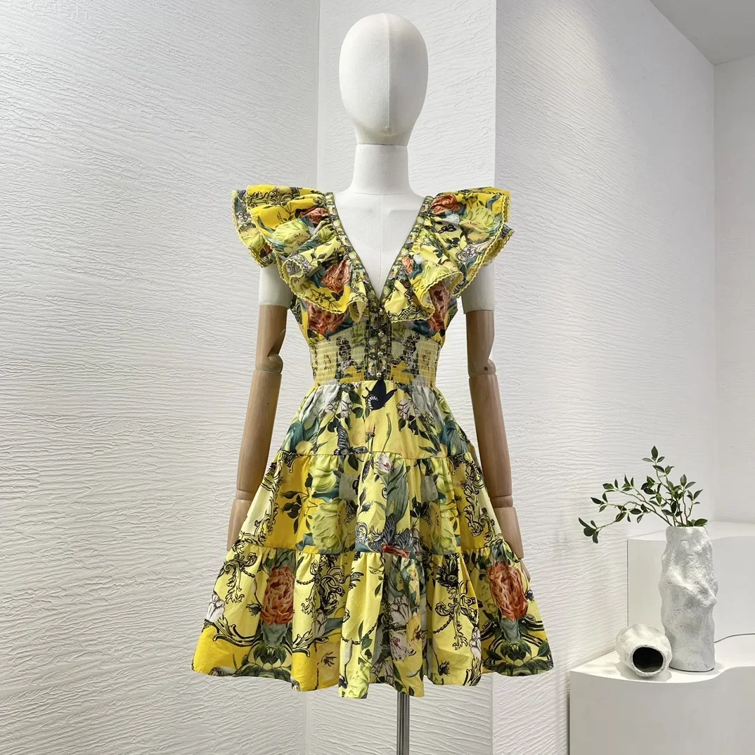 2024 New Yellow Floral Print Sleevless V Neck Diamonds Pressed Ruffles Cut Out Waist Women Mini Dresses for Holiday