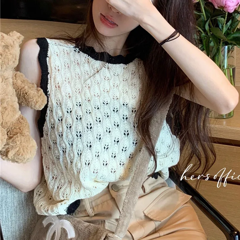 Hollowing Out Fashion Unique Knitting Vest Female Summer New Pure Desire Loose Appear Thin Splicing Contrasting Colors Tops