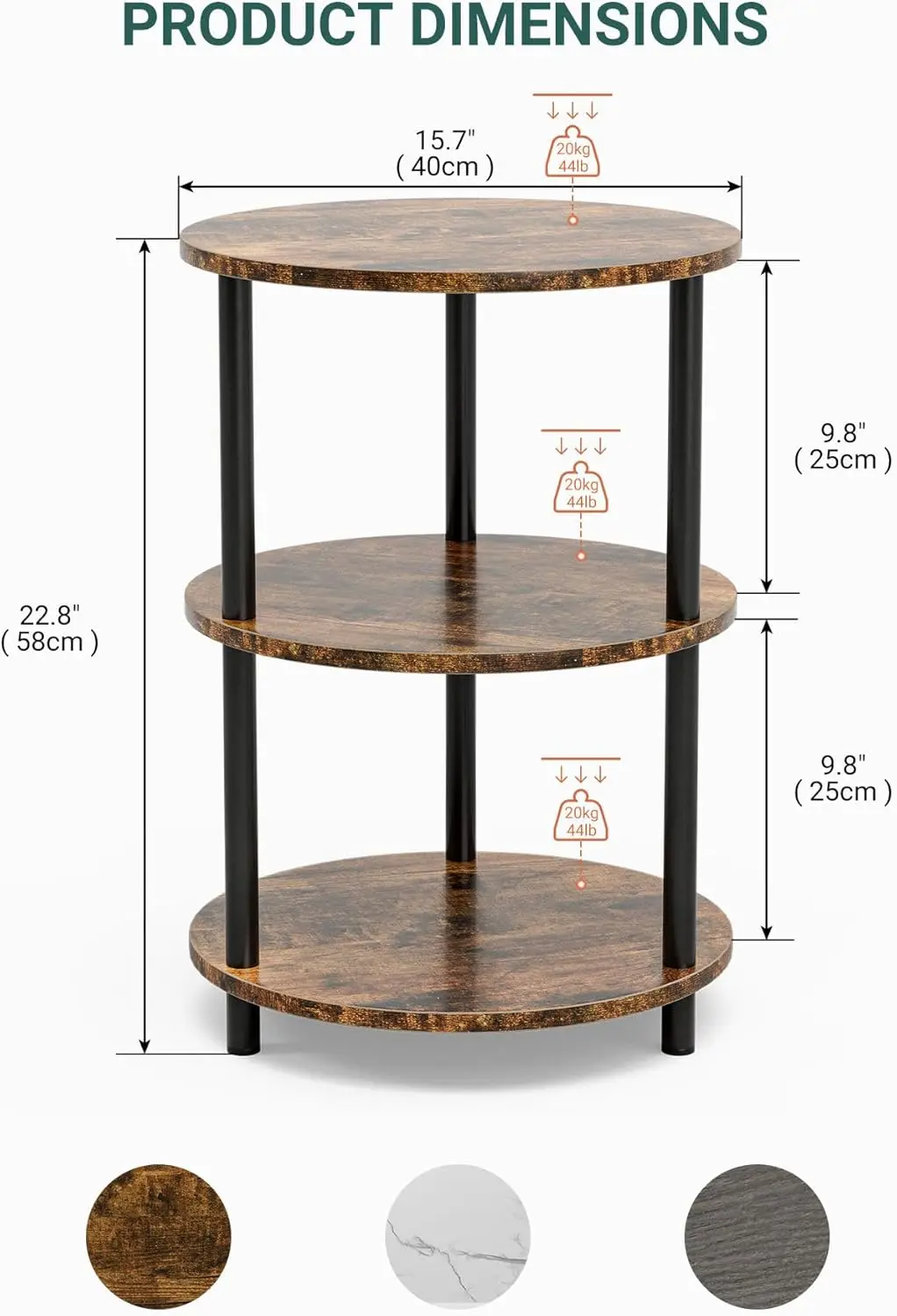 Round Side Table Living Room - Small Accent Table with 3 Tier Shelves, Rustic Wooden Couch End Table for Bedroom or Living Room