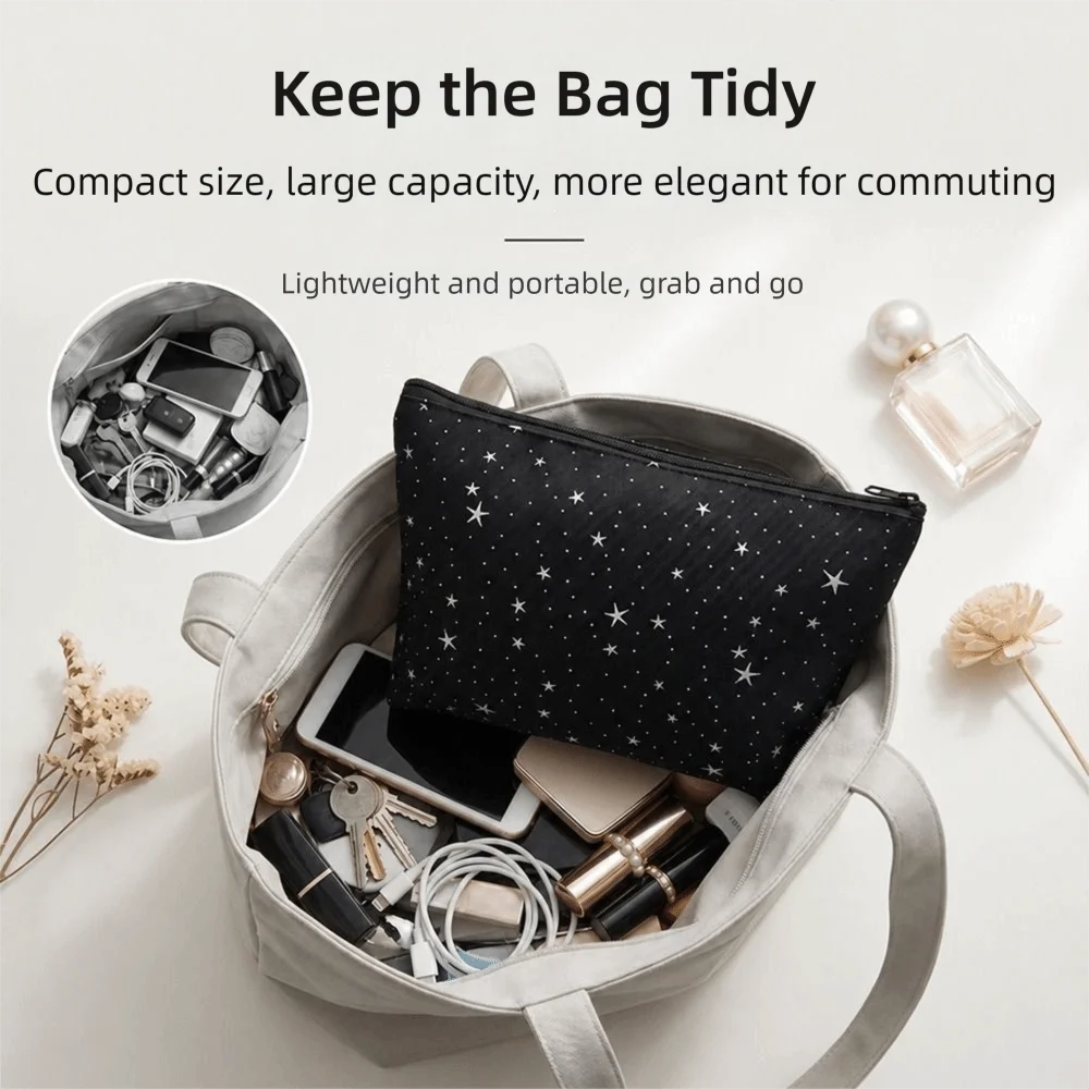 INS Silver Star Print Makeup Bag Large Capacity Portable Cosmetic Pouch Toiletry Bag Women Girls