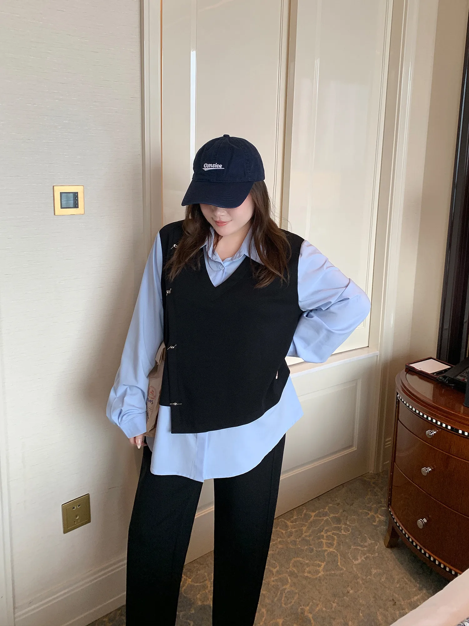 

Плед с эффектом похудения, дизайн размера плюс, женская мода, осеннее новое поступление, длинный воротник для больших девочек, облегающий крой, S...