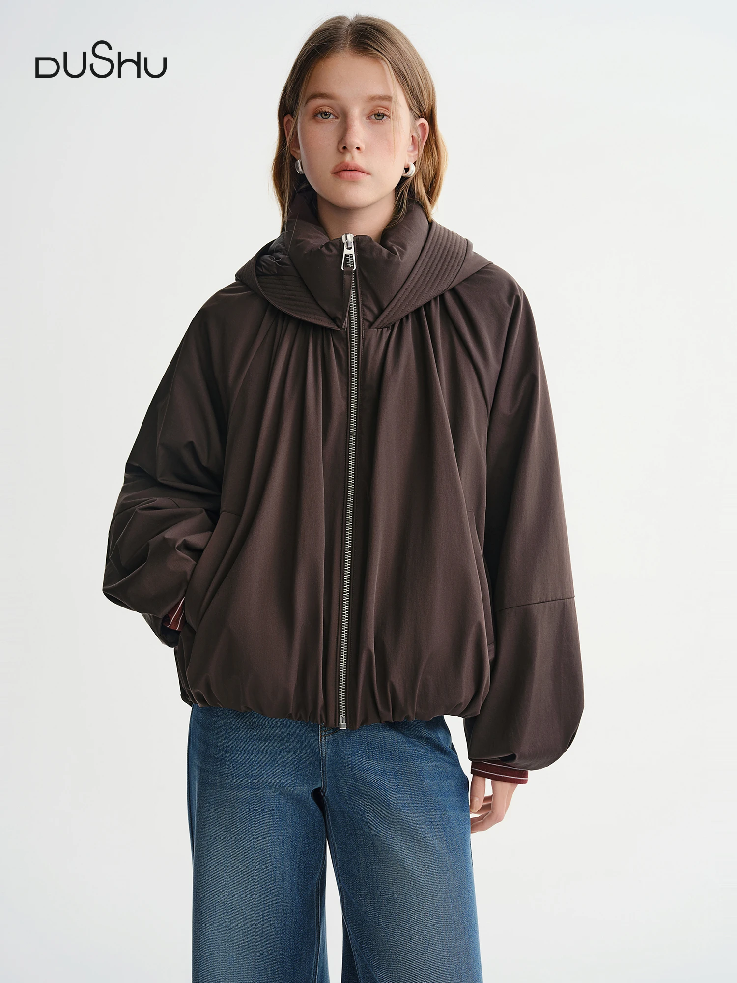 DUSHU Plus-Size Women's Caramel American Styled Design-Oriented Pleated Hooded Down Jacket Winter Flattering for Plus-Size Women