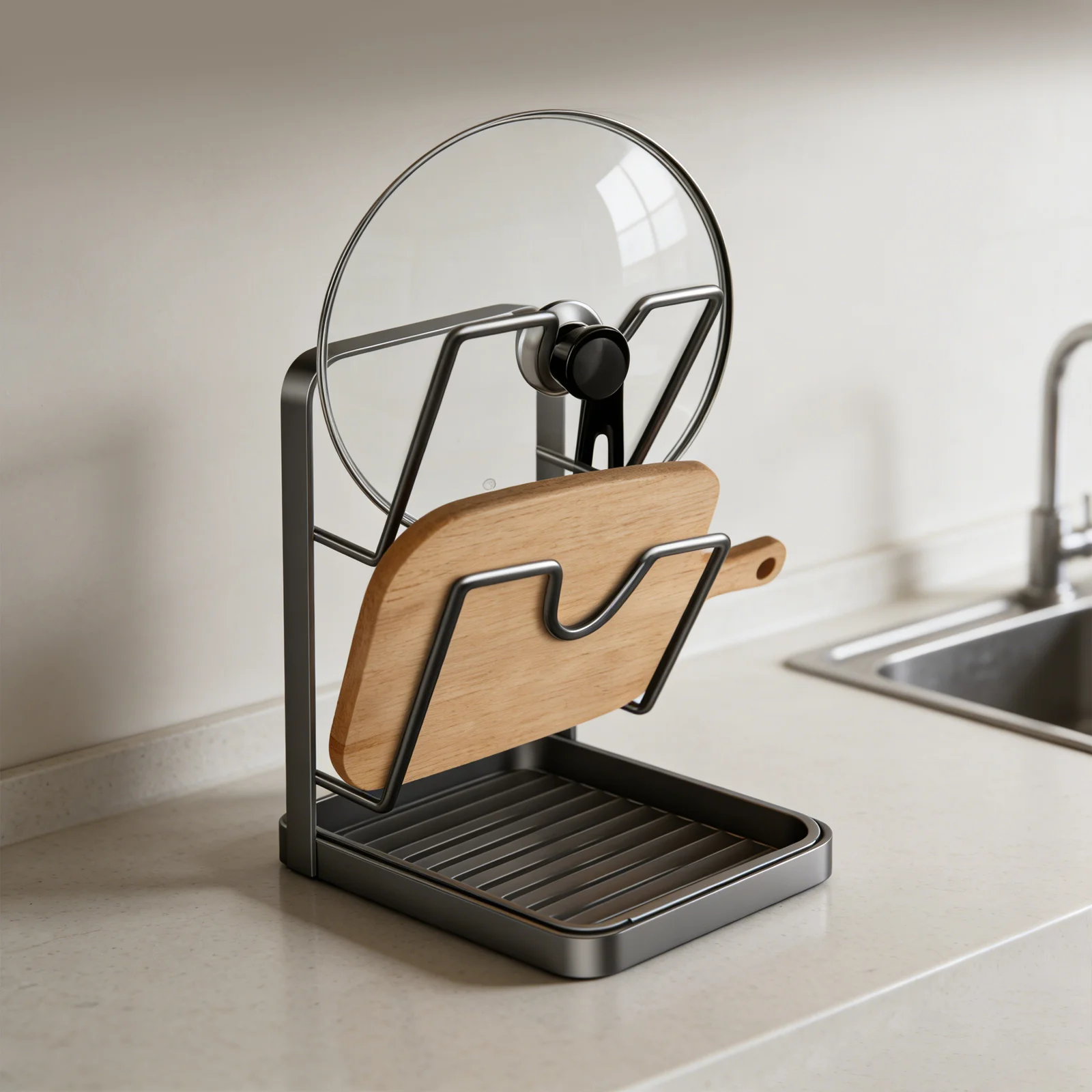 Kitchen Pot Lid Storage Rack, Stainless Steel Pot Lid Holder While Cooking for Countertop, Multifunctional Pots Lids Organizer Rack, Ladles & Large Lids