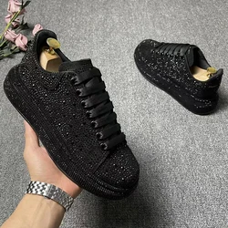 mens luxury fashion punk hip hop rhinestone shoes lace-up flat shoe black trendy platform sneakers youth personality footwear