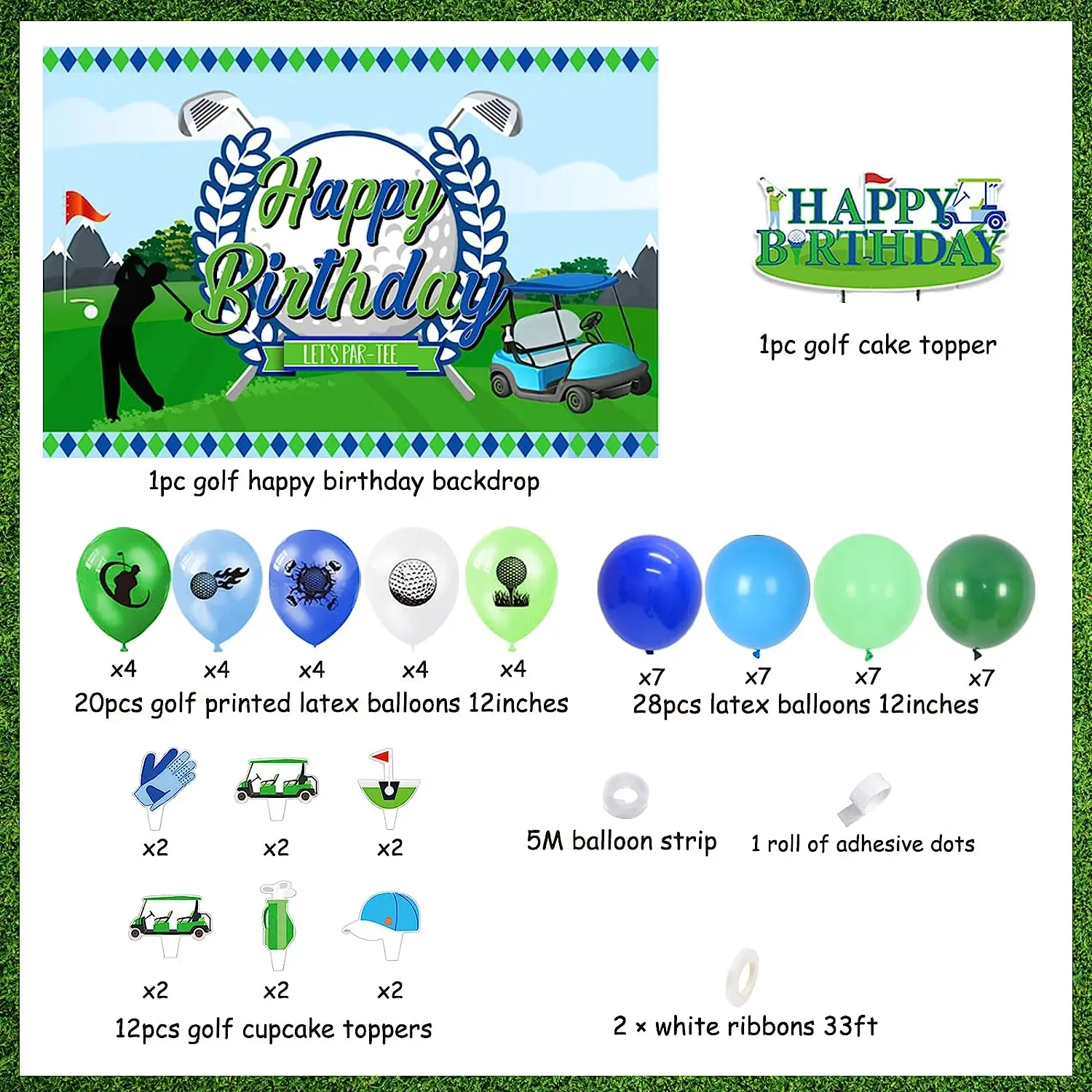 Golf Balloon Garland Kit with Golf Theme Backdrop, Banner Garland, Cake Toppers, Happy Birthday Party Decorations, Blue and Gree