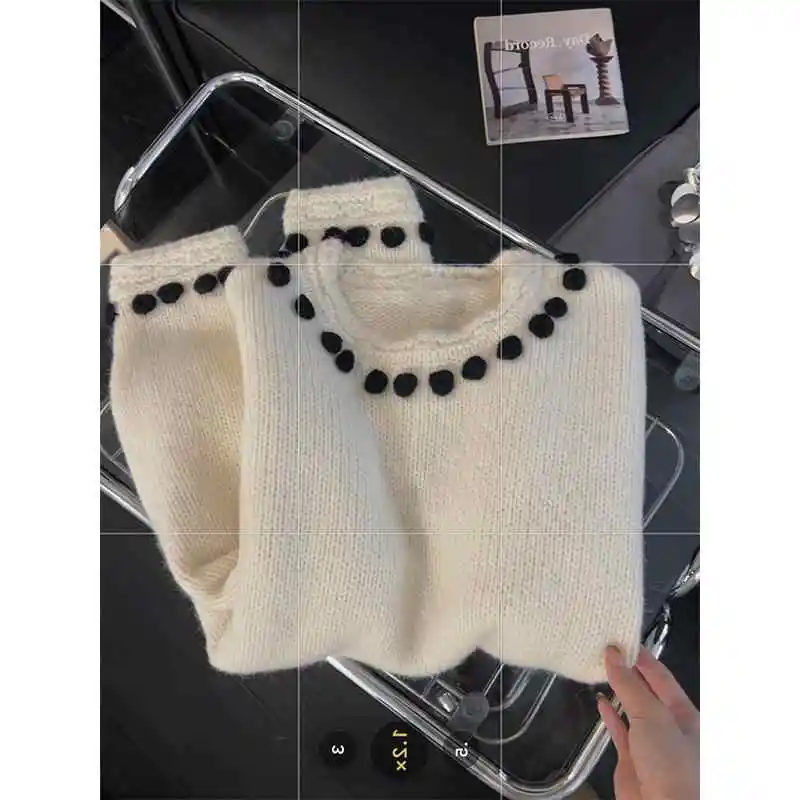 Women's White O-Neck Pullover Sweater Harajuku 90s Vintage Y2k Korean Long Sleeves Knitted Sweaters 2000s Fashion Clothes Autumn
