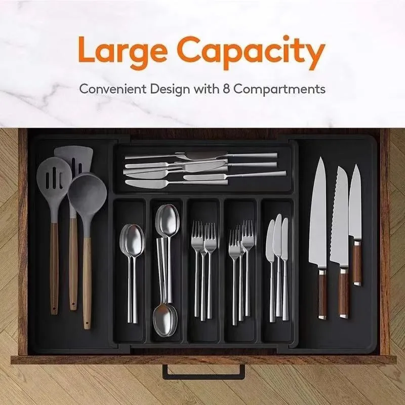 8grids Plastic Storage Drawer Organizer with Retractable Tray Cutlery and Life Tools Drawer Inserts Suitable for Home Collection