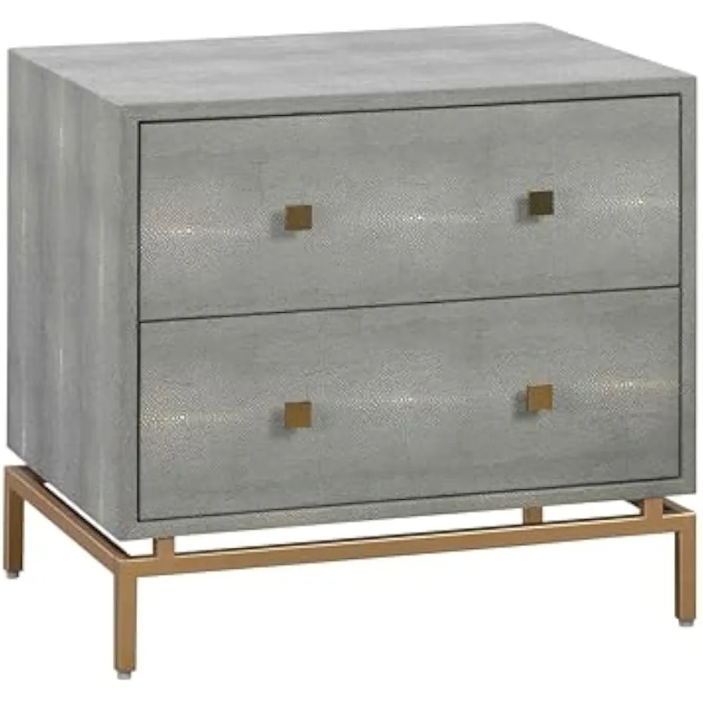 

shagreen nightstand with brass legs and handles, 2 drawers storage end table