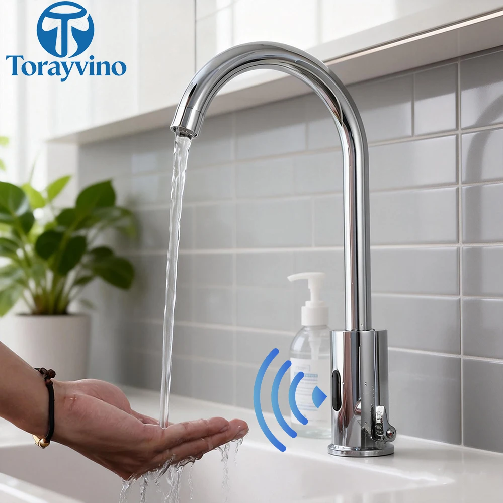 Torayvino Kitchen Faucet Chrome Finished Automatic Inductive Direct Current And Battery Power Faucets 180 Swivel Mixer Tap