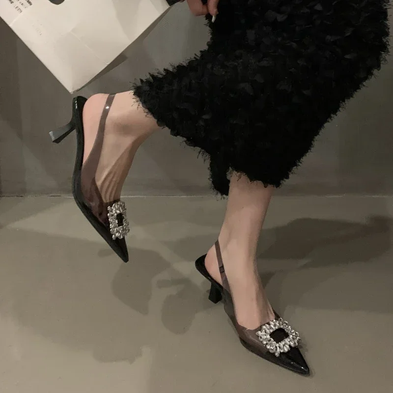 New Fashionable Solid Color Popular Square Buckle Diamond Stiletto Sandals Comfortable and Elegant Pointed Toe High Heels image 6