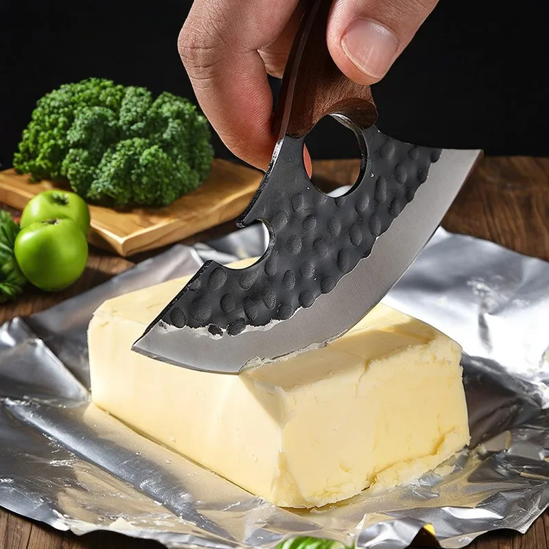 Forged Stainless Steel Cheese Knife Finger Ring Knife Kitchen Knife with Hammer Mark 4Cr13 Stainless Steel Walnut Handle cover