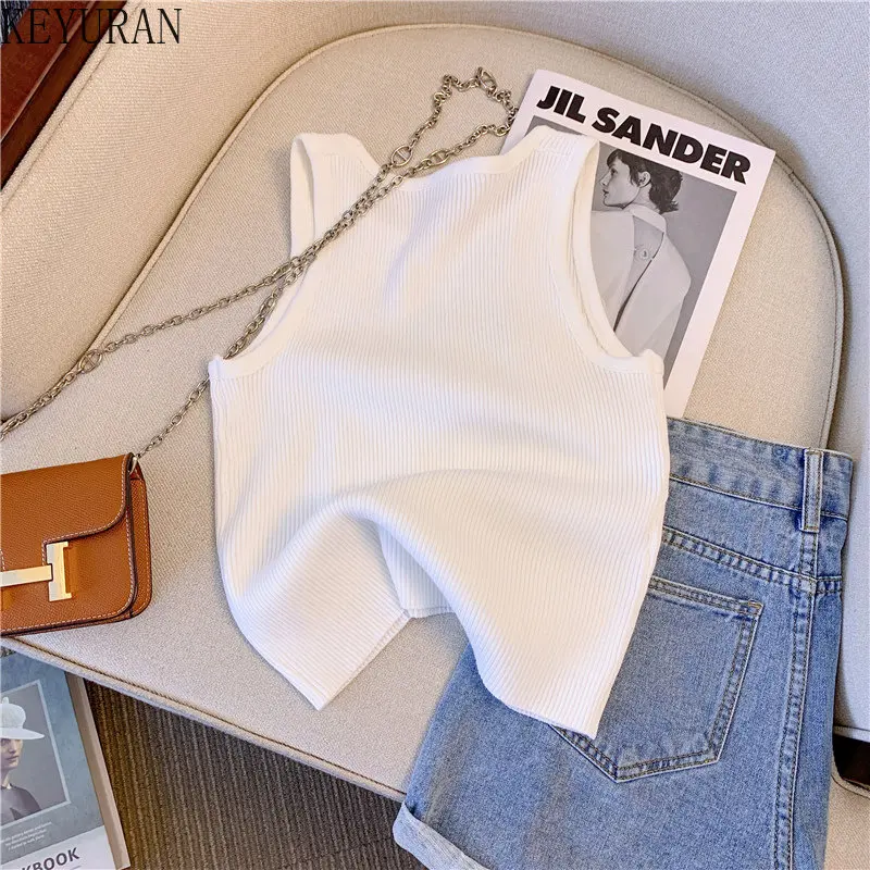 2023 Summer New Bow Knitted Vest Women Pullovers Chic O-neck Black White Sleeveless Pullover Sweater Vest Crop Top Jumper Tee