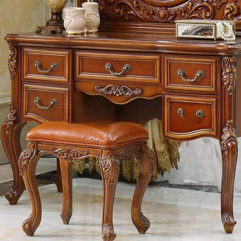 

b18 Vintage Dressing Table Carved Simple Bedroom Dressing Table Stool Mirror Set Rustic Solid Wood Dressing