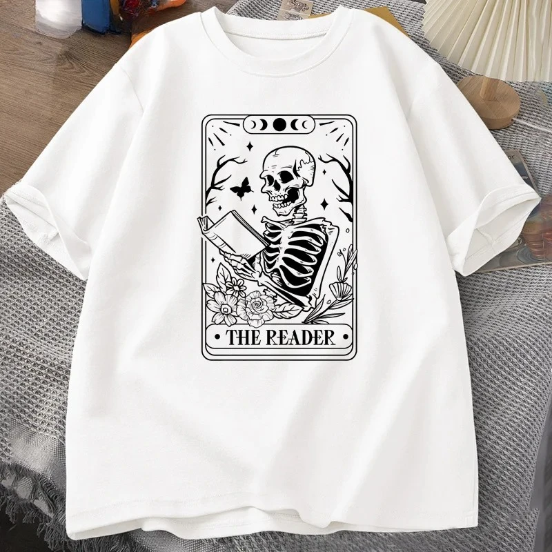القارئ بطاقة التارو تي شيرت الهيكل العظمي القراءة تي شيرت الصيف كتاب عاشق Bookish التي شيرت المرأة تيز الجرافيك تي شيرت الصيف Y2K