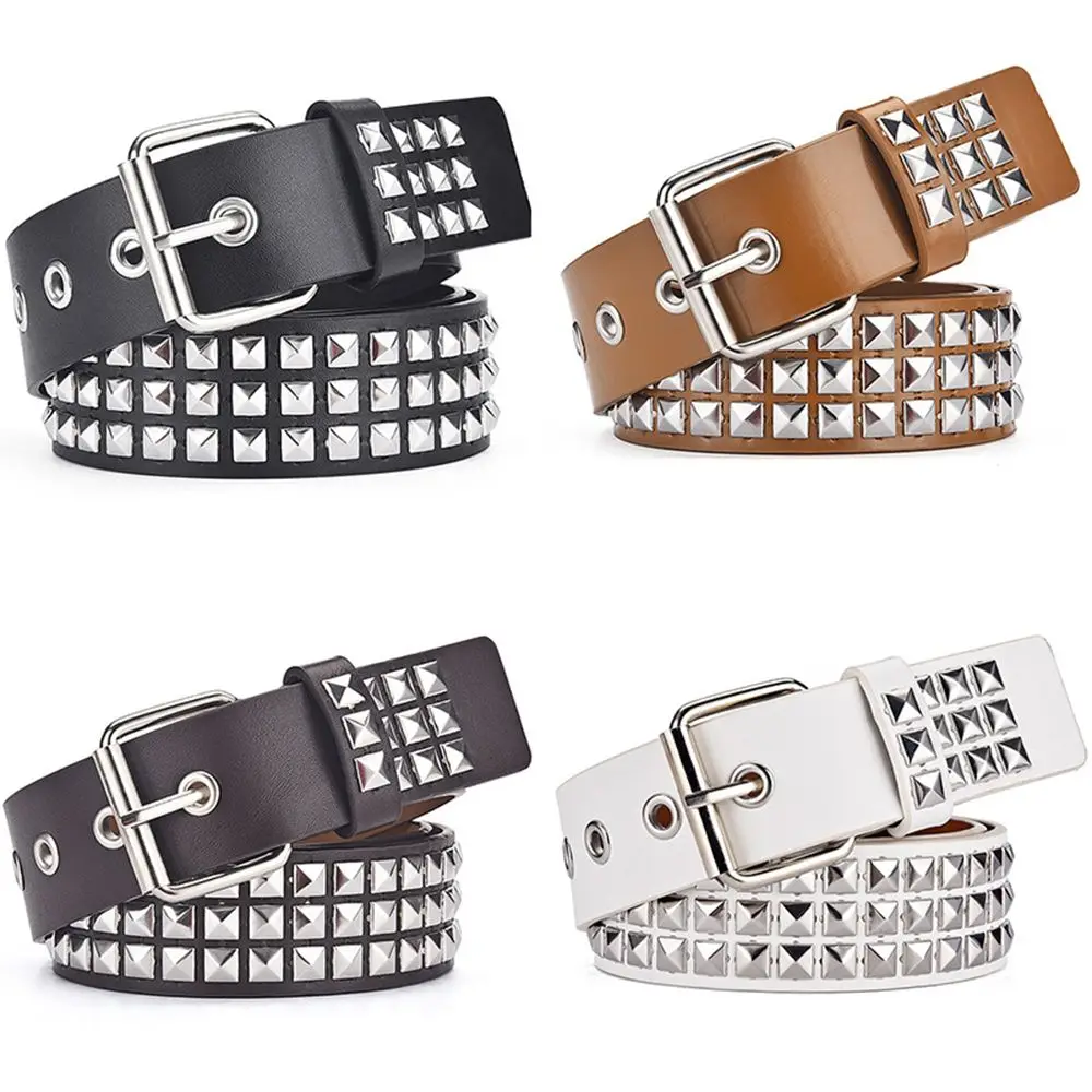 Personality Retro Girls Square Bead Female Fashion Dress Male Rivet Waistband Waist Belt Metal Pyramid PU Leather Belt