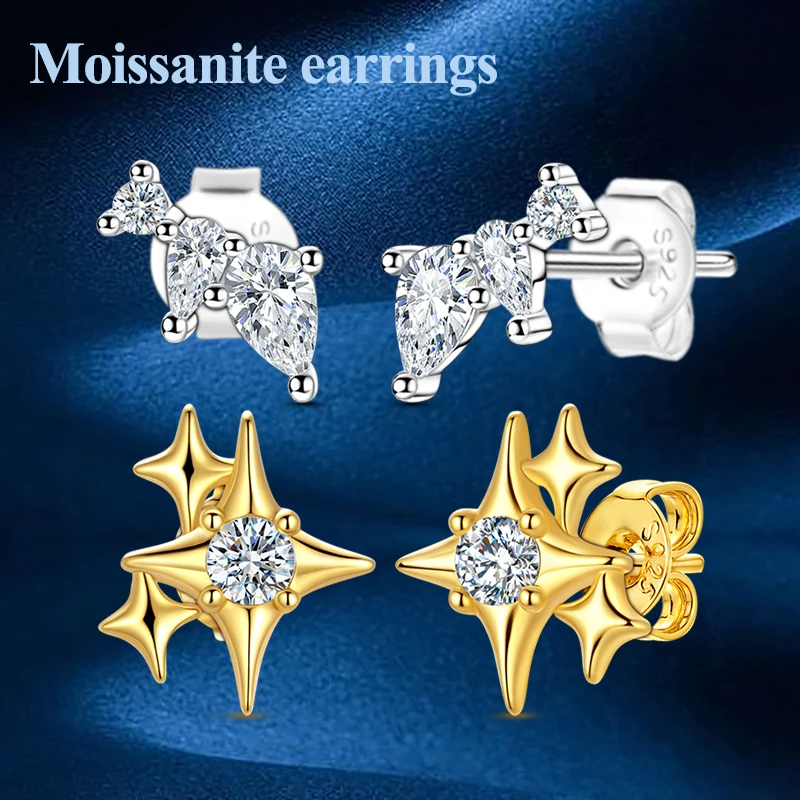 

Moissanite Stud Earrings for Women 100% S925 Sterling Silver Classic Sparkling Shining Water Drop Star Earrings Wedding Jewelry