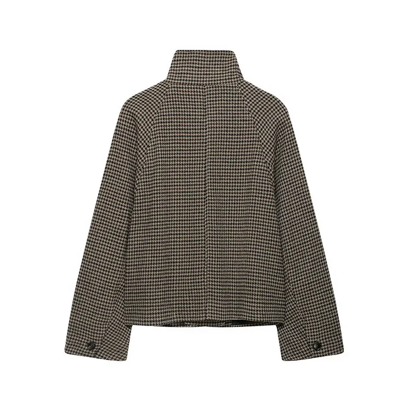 Nlzgmsj 2026 Autumn Winter Women Houndstooth Plaid  Jacket Stand Collar  Long Sleeve Loose Checkered  Fashion Coat