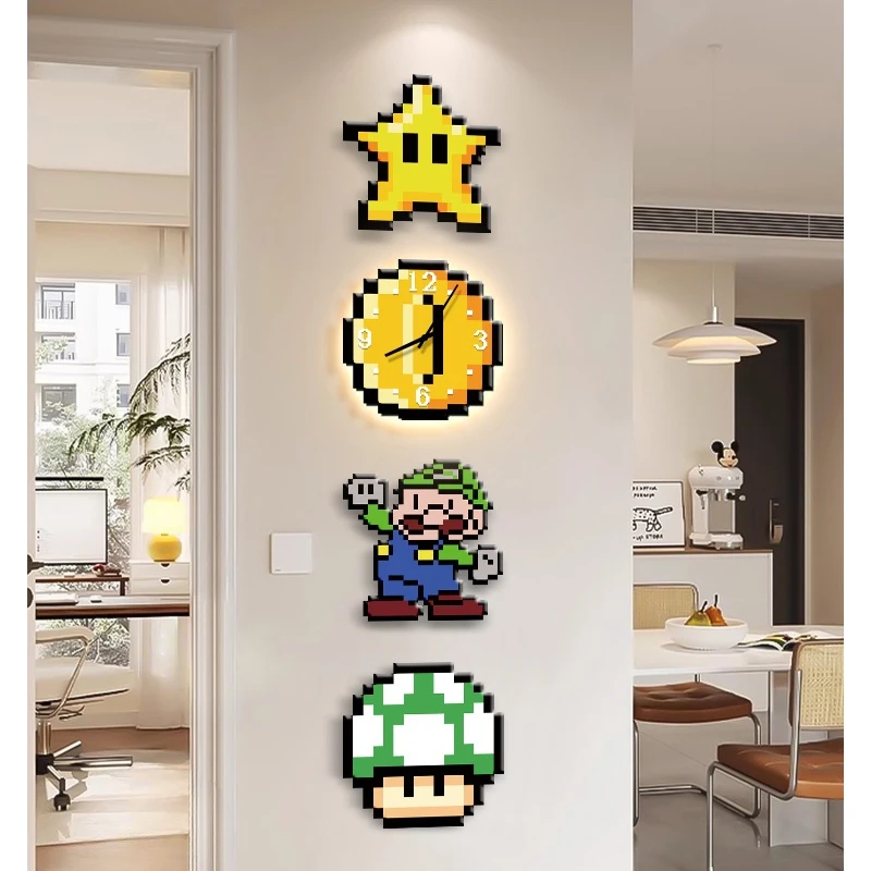 Super Mario living room clock, illuminated wall mounted clock light, wall mounted silent home, internet famous creative clock