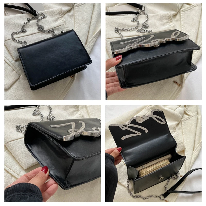 Women's Chain Bag Letter Leather Shoulder Bag Multifunctional Chain Shoulder Square Retro Large Capacity Handbag