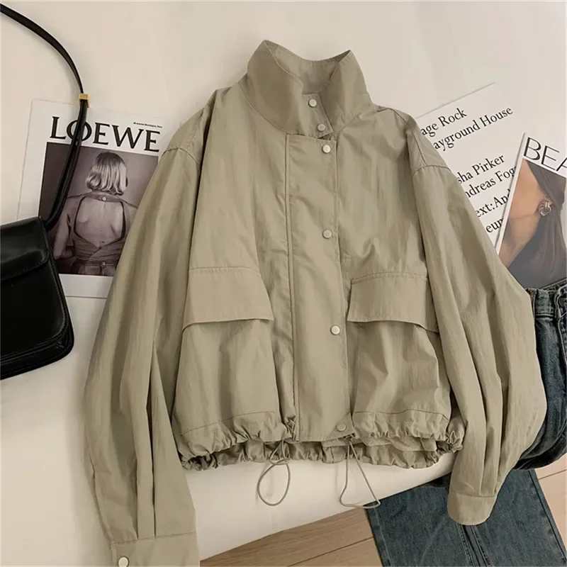 High Neck Draw Pleats Windproof Coat Short Lining Jacket 2024 Spring/Summer New Submachine Jacket Casual Sunscreen Thin Version