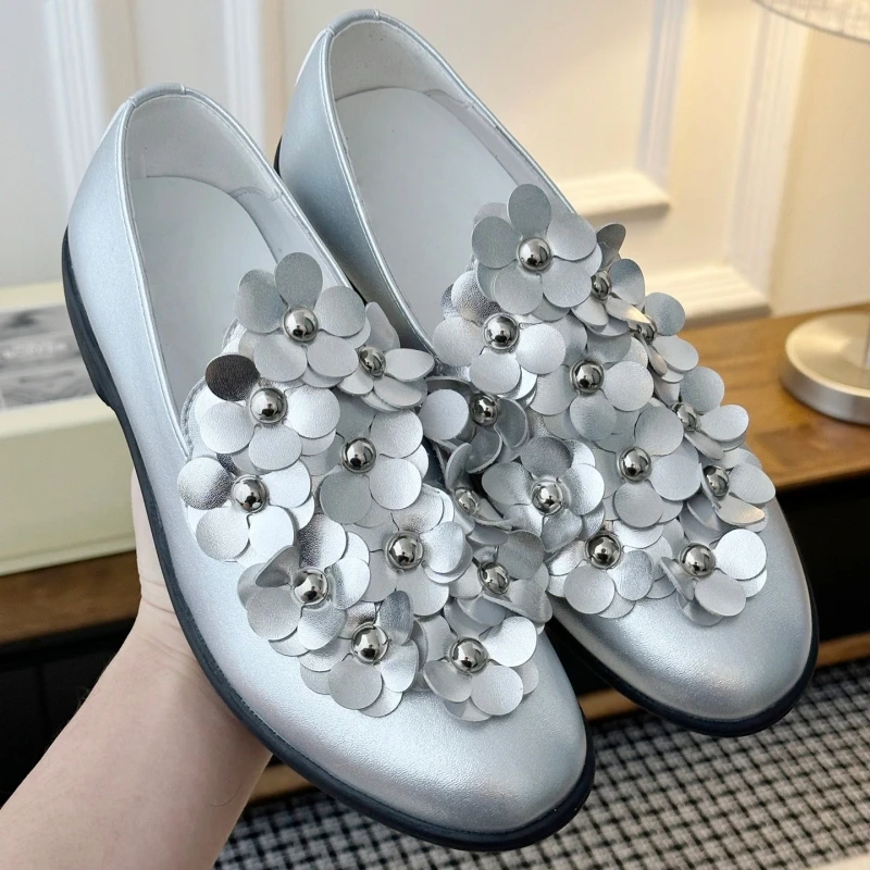Leather French Flower Flats Retro Round Toe One-Strap Mary Jane Loafers White Sneakers