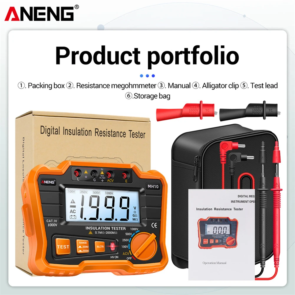 ANENG MH10 HD Digital Insulation Resistance  Tester 1000V Megometer Megohmmeter Ohm Test Auto Range Backlight Meter