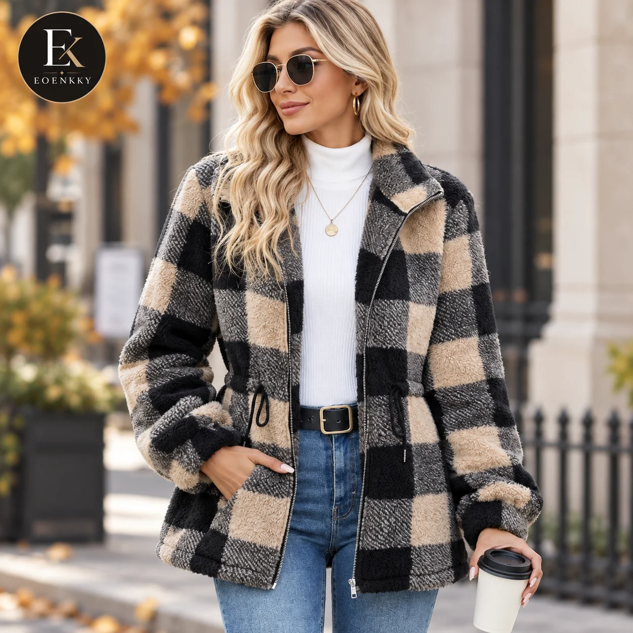 Sherpa Coat Women - EOENKKY Women Plaid Sherpa Jacket Fleece