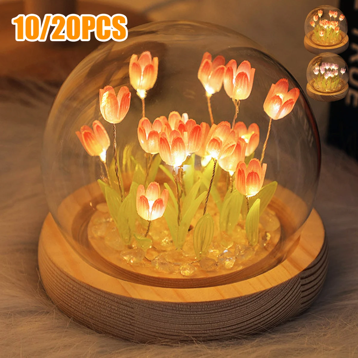 Luz nocturna de tulipán con pilas, lámpara de mesa con flor de tulipán, luz nocturna LED de tulipán de simulación artesanal, luz de noche hecha a mano, 10/20 piezas