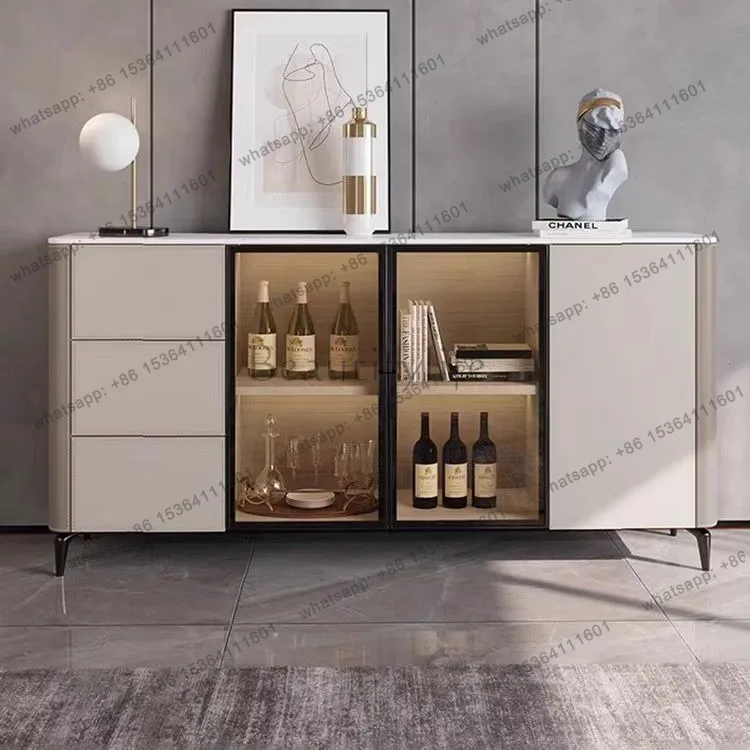 

Designer saddle leather dining side cabinet glass door against wall solid wood multi-layer board storage wine cabinet