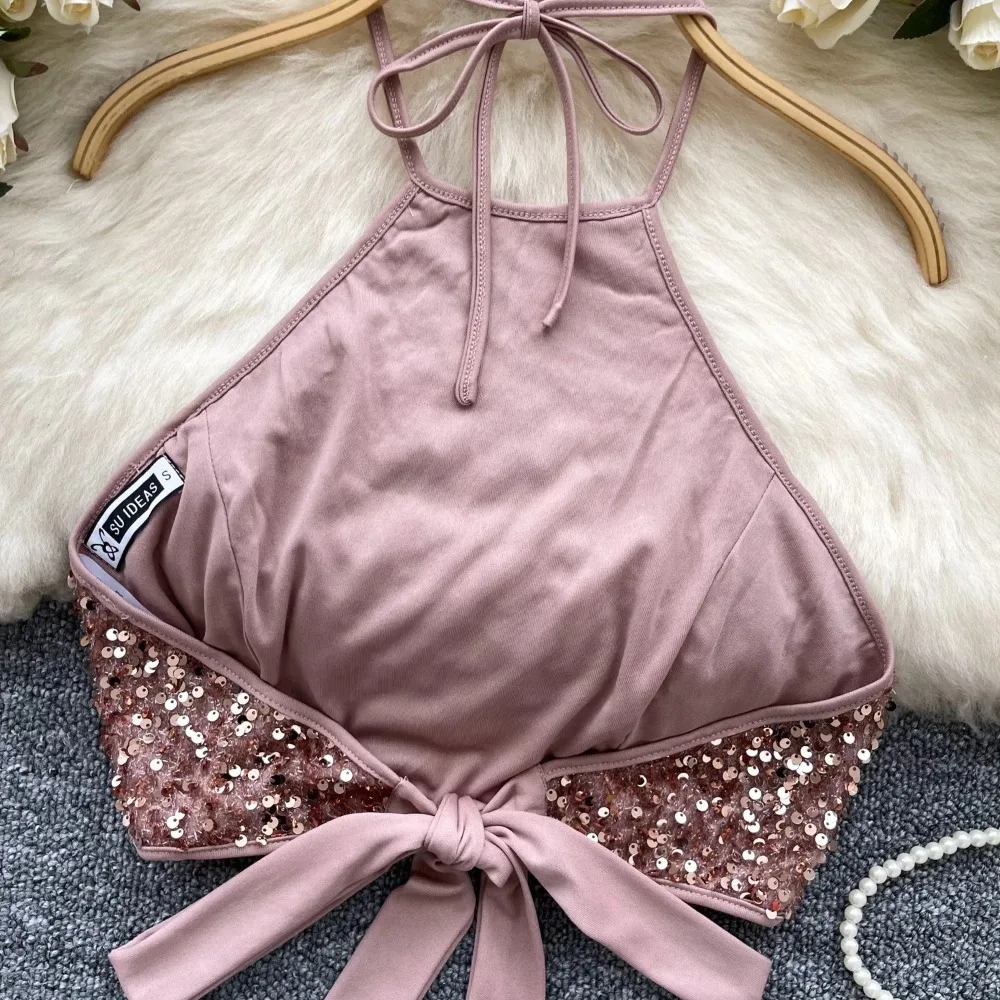 Women Chic Glitter halter PATCHWORK slip Camis Tank Top Basic Sexy Fashion Strap straps Off Shoulder Summer Women Crop Top