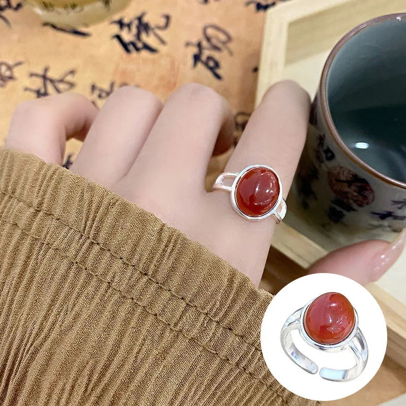 

100% 925 Sterling Silver Agate Geometric Open Ring for Woman Girl Fashion Simple Elliptic Design Jewelry Party Gift Dropshipping