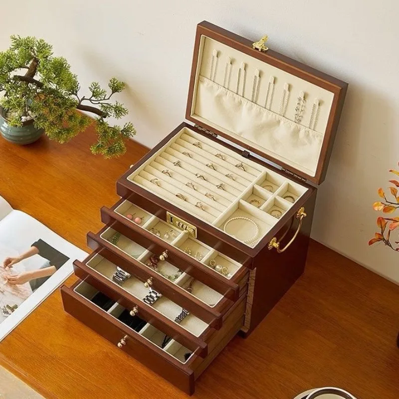 Solid Wood Jewelry Box Large Capacity Glasses Watch Lockable Storage Boxes Exquisite Multi-layer Drawer Necklaces Ring Box