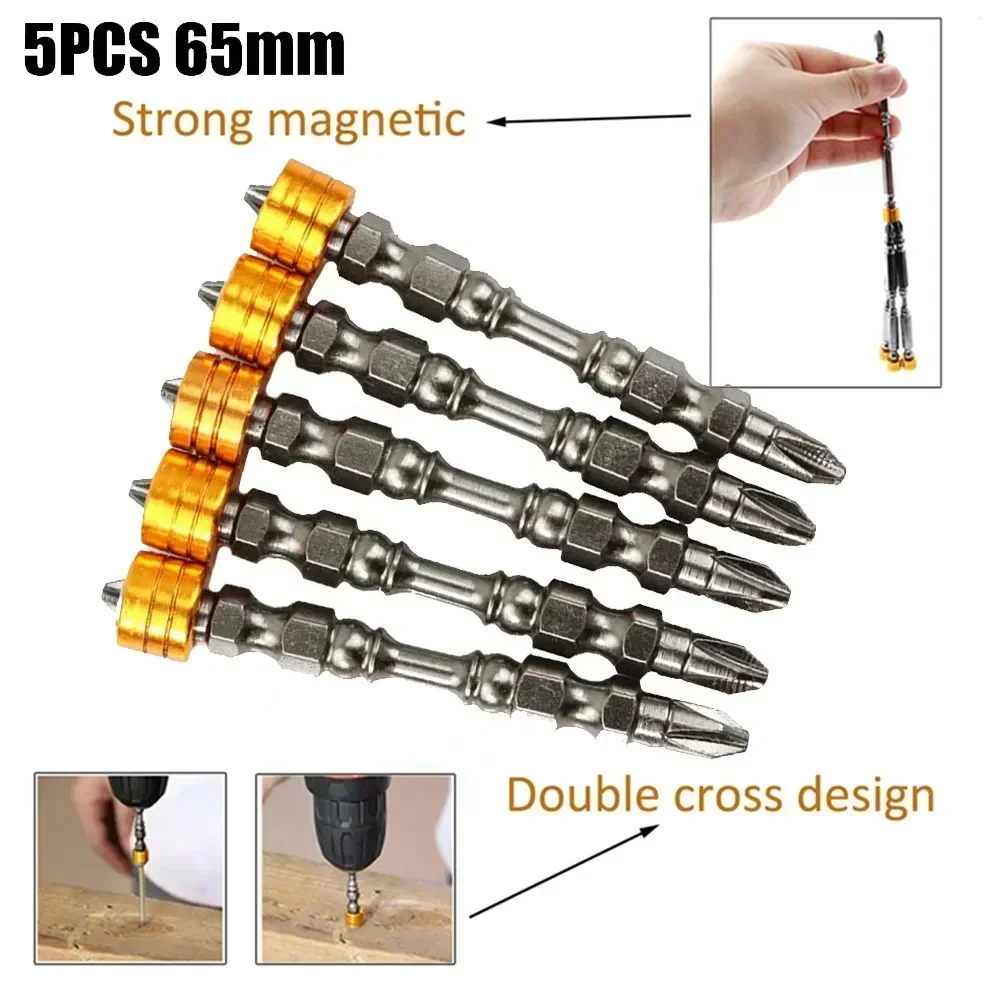 5pcs Cross Drill Bits Magnetic Screwdriver PH2 S2 Alloy Steel Double-Headed Cross Drill Bit 65mm For Electric Screwdrivers
