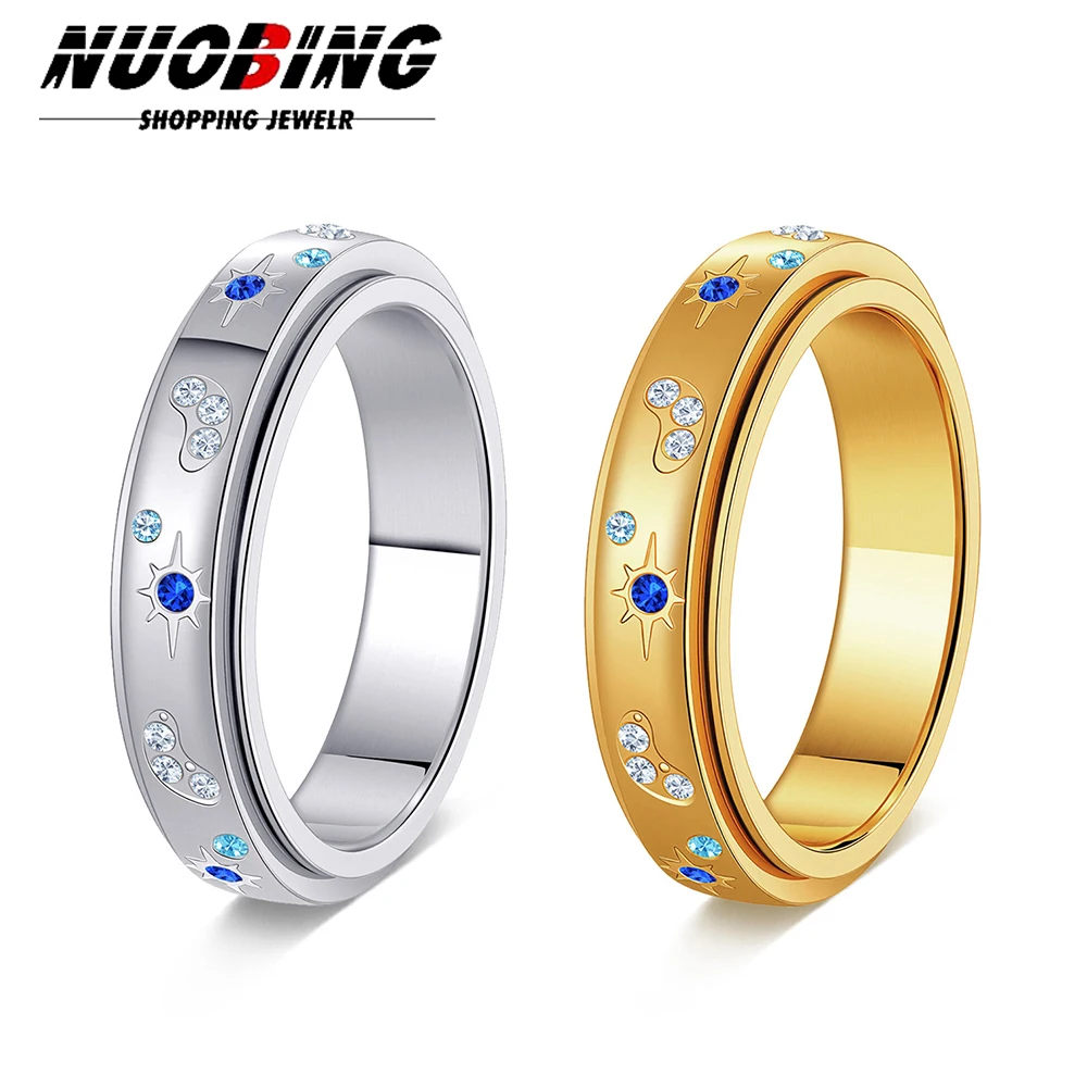 New Celestial Blue Sparkling Moon Sun Star Crystal Ring for Women Elegant Romantic Wedding Party Jewelry Gifts Rotatable