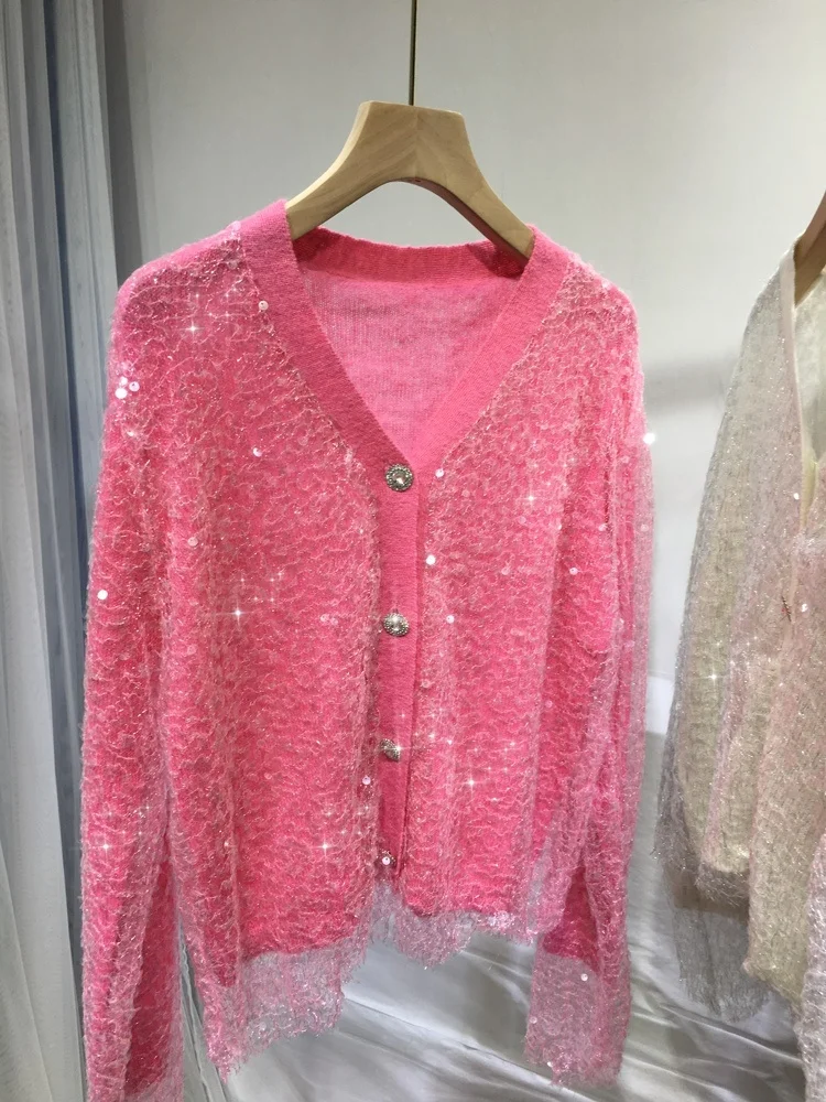 Sequins V-neck All-match Female Cardigans Coat Sweet Rose Pink Autumn Winter Single-breasted Knitted Sweater Soft Cropped Tops