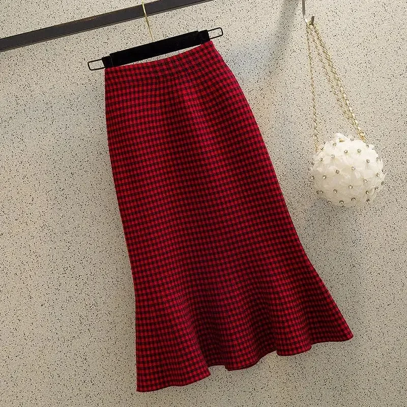 Rot kariert Vintage hohe Taille stricken Trompete elegante schicke Damenrock Mitte der Wade lange Röcke für Damen Kleidung Mode 2026 Frühling
