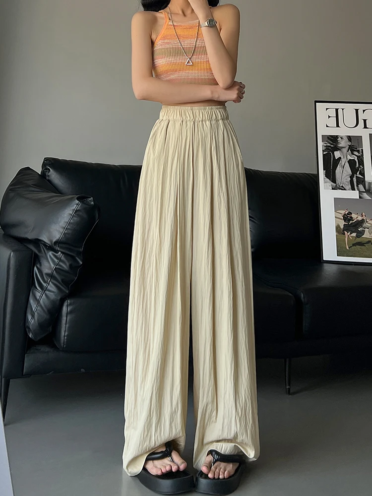 

Женские летние брюки с высокой талией и принтом вишневого цвета, свободные, широкие, струящиеся, визуально стройнящие, длинные